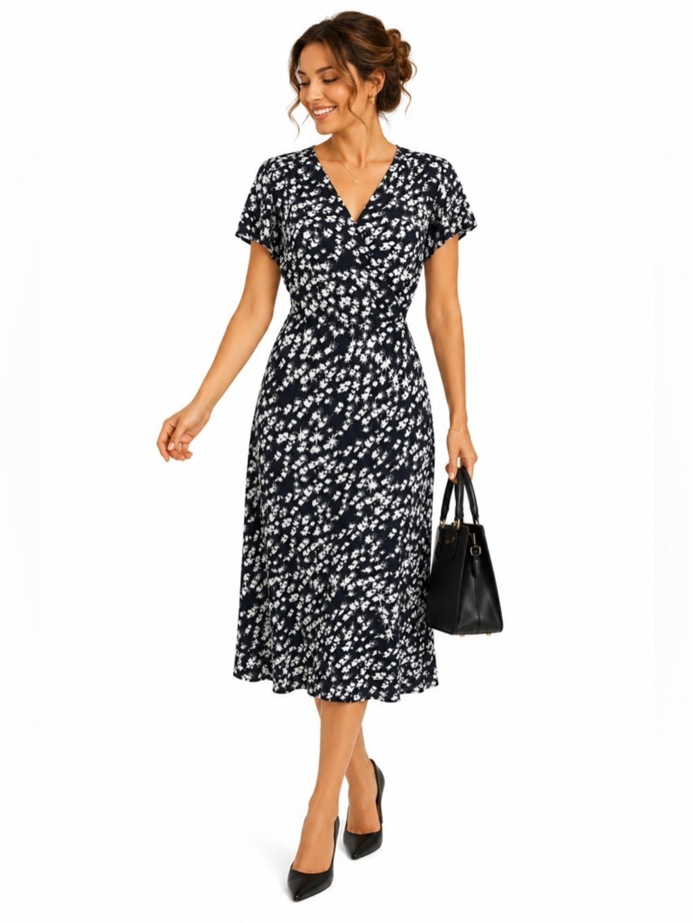 Leith Nordstrom Size Medium V-Neck Black and White Printed Summer Wrap Dress